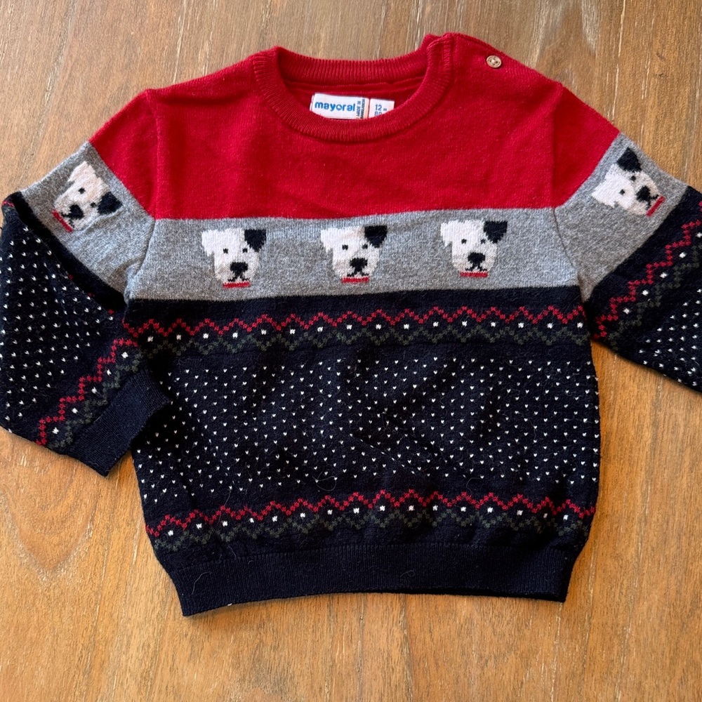 Mayoral Red, Gray, and Black Dog Pattern Sweater